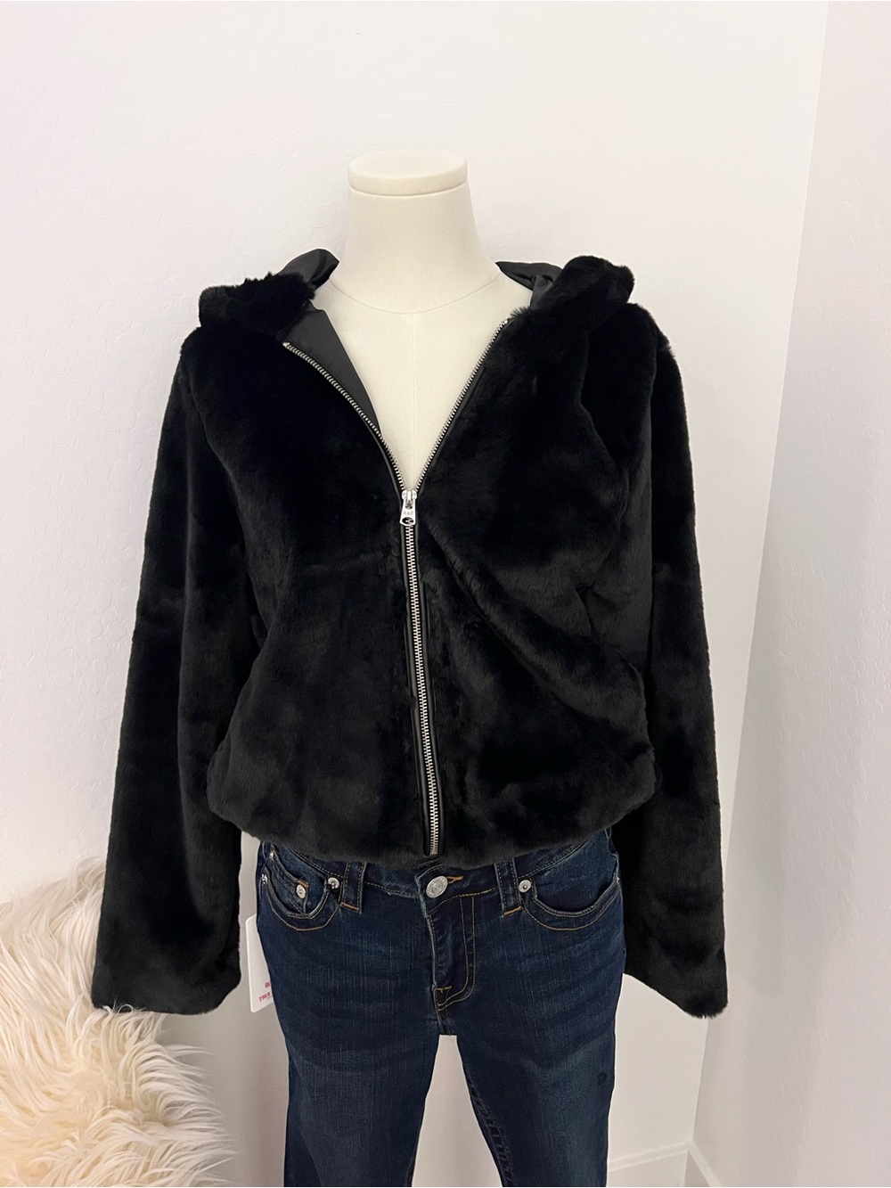 Abercrombie & Fitch Black Faux Fur Hooded Zip Jacket